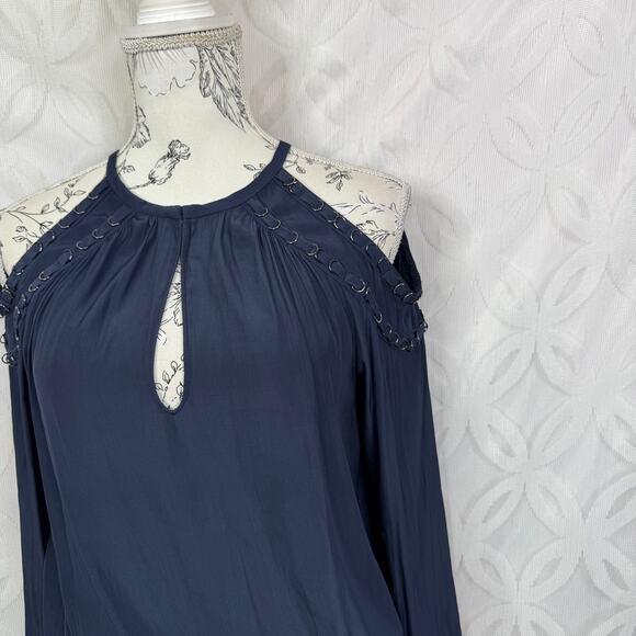 Ramy Brook Cold Shoulder Navy Blouson Satin Mini Dress Size XS - Picture 4 of 10